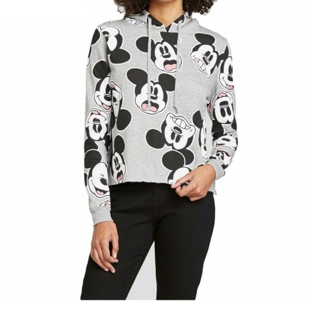 Disney Mickey Mouse Allover Graphic Hoodie Slightly Cropped Junior Size L EUC
